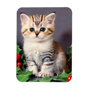 Vintage Christmas Kitten en Holly Magneet
