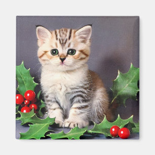 Vintage Christmas Kitten en Holly Magneet