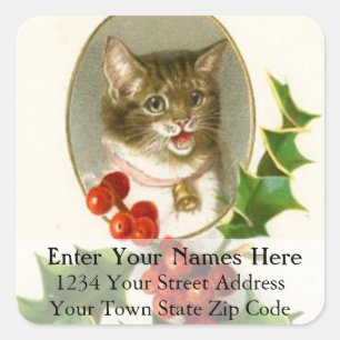 Vintage Christmas Kitten Et Holly Étiquette de adr