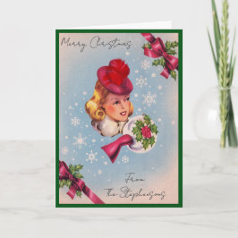 Vintage Christmas Lady Custom Name Blank Inside Feestdagen Kaart