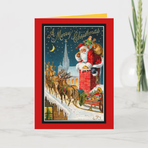 Vintage Christmas Rooftop Santa Sleigh Deers-Kaart Feestdagen Kaart