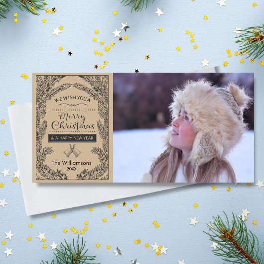 Vintage Christmas Rustic Pine Branch Vakantie Foto Feestdagenkaart