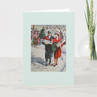 Vintage Christmas Shoppers Wenskaart Feestdagen Kaart