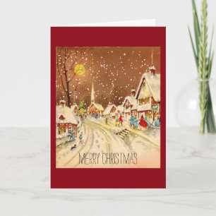 Vintage Christmas Winter Snow Town Holiday Card Feestdagen Kaart