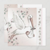 Vintage cigogne rose bébé fille douche Invitations (Devant / Derrière)