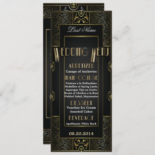 Vintage Classic Gatsby Style Menu Mariage (Devant / Derrière)