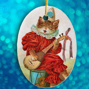 Vintage Clown Jester Musician Cat Mandolin Keramisch Ornament