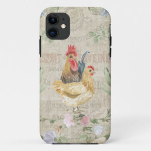 Vintage collage - roosters en bloemen iPhone 11 hoesje