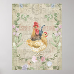 Vintage collage - roosters en bloemen poster