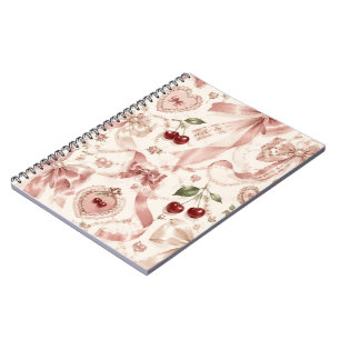 Vintage Coquette Roze Strik en Kersen Esthetiek Notitieboek