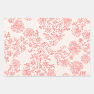 Vintage Coral Floral Wrapping Paper Sheet set of 3