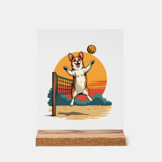 Vintage Corgi Volleybal Retro Zonsondergang Vector Acryl Bord (Voorkant)