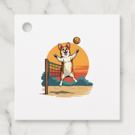 Vintage Corgi Volleybal Retro Zonsondergang Vector Bedankjes Labels (Voorkant)