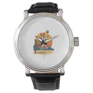 Vintage Corgi Volleybal Retro Zonsondergang Vector Horloge