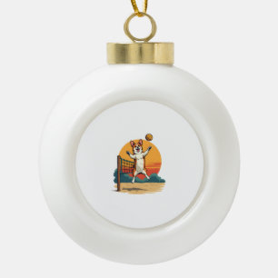 Vintage Corgi Volleybal Retro Zonsondergang Vector Keramische Bal Ornament