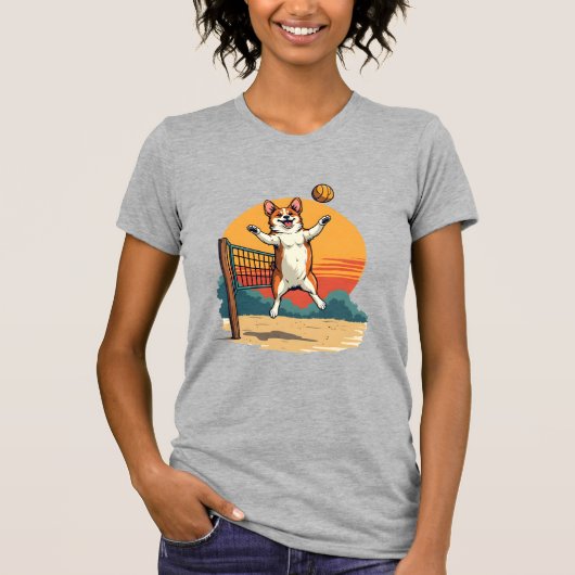 Vintage Corgi Volleybal Retro Zonsondergang Vector T-shirt (Voorkant)