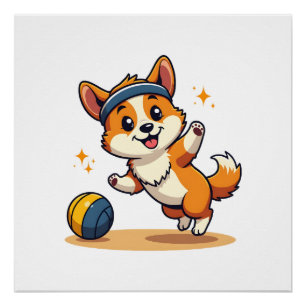 Vintage Corgi Volleybalhond Vector Illustratie S Perfect Poster