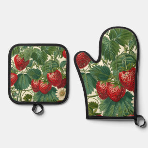 Vintage Cottagecore Botanische Aardbei Ovenwant & Pannenlap Set
