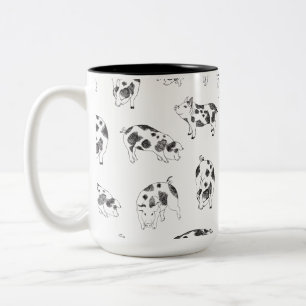 Vintage Cottagecore Varken LineArt Minimalistische Tweekleurige Koffiemok
