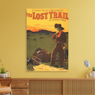 Vintage Cowboy & Paard Zonsondergang Western Kunst Canvas Afdruk