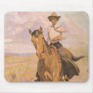 Vintage Cowgirl Cowboy, vrouw op paard van Dunton Muismat
