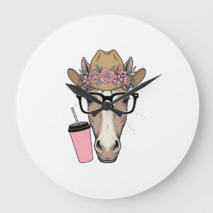 Vintage Cowgirl Paard Met Bloemen en Roze Drank Grote Klok