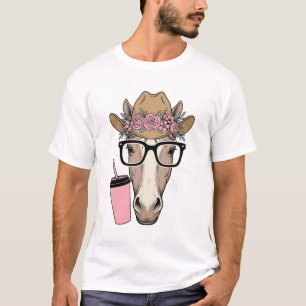 Vintage Cowgirl Paard Met Bloemen en Roze Drank T-shirt