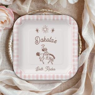 Vintage Cowgirl Rodeo Roze Gingham Meisje Verjaard Papieren Bordje