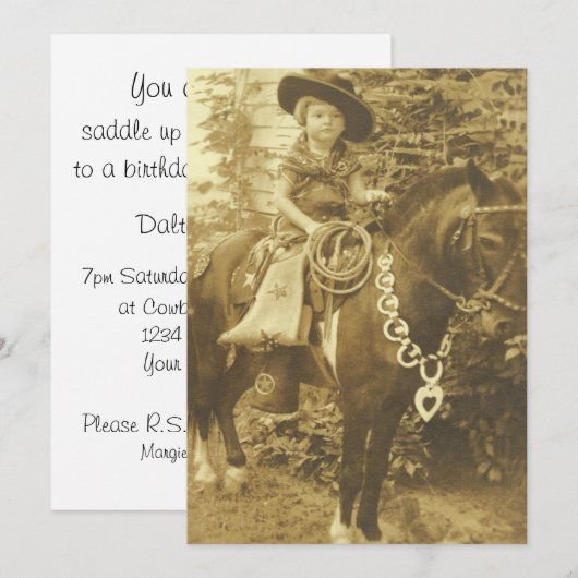 VINTAGE COWGIRL WESTERN PARTY INVITATION (Devant / Derrière)