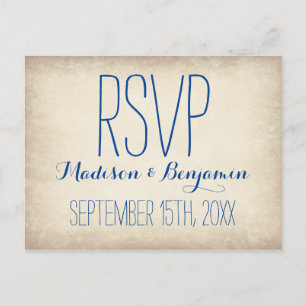 Vintage Cream Blue Rustic Wedding RSVP BRIEFKAARTE Uitnodiging Briefkaart