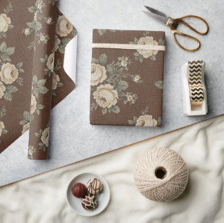 Vintage Cream Roses on Mocha Brown Pattern Cadeaupapier