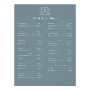 Vintage Crest Monogram Blauwe Zitplaatskaart Perfect Poster