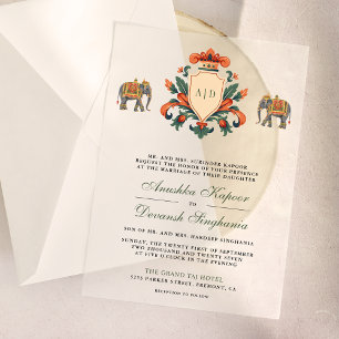 Vintage Crest Royal Olifant Indiase Hindoe Huwelij Vellum Uitnodigingen