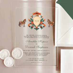 Vintage Crest Royal Paard Indiase Huwelijksuitnodi Acryl Uitnodigingen