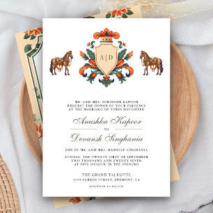 Vintage Crest Royal Paard Indiase Huwelijksuitnodi Kaart