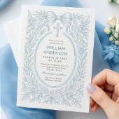 Vintage Croix Bleue Baptême Floral Invitation