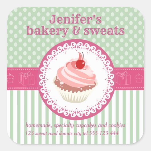 Vintage cupcakes bakkerijpodots vierkante sticker (Voorkant)