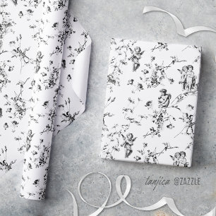Vintage Cupid-Engelen Bloem Zwart Wit Toile Cadeaupapier