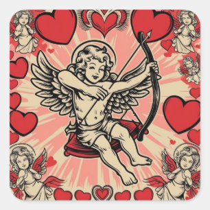 Vintage cupido liefde vierkante sticker