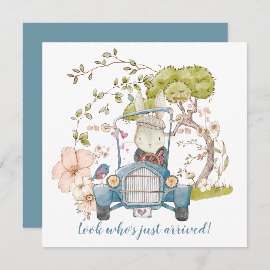 Vintage Cute Bunny Boy Birth Announance (Voorkant / Achterkant)