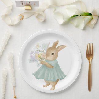  vintage cute bunny with flowers Paper Plate Papieren Bordje