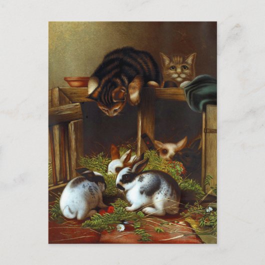 Vintage Cute Rabbits en Kittens Briefkaart (Voorkant)