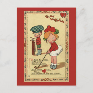 Vintage Cute Valentine's Day, Children Sports Golf Feestdagenkaart