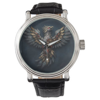 Vintage Cyber-Phoenix: Vergulde en Neon Mythische  Horloge
