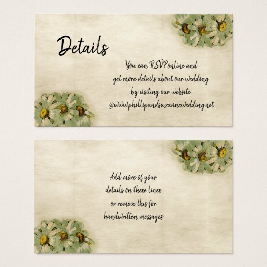 Vintage Daisies Floral Mariage Détails Carte (Devant & derrière)