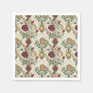 Vintage Damast & Engelse Roos Bloemmotief Kunst Servet