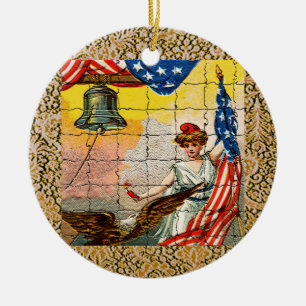 Vintage Dame, Adelaar, Vlag en Liberty Bell Mozaïe Keramisch Ornament