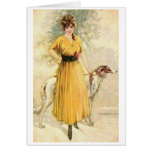 Vintage - Dame en Jaune avec Borzoi,