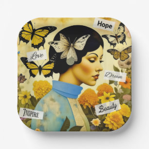 Vintage Dame, Vlinders, Bloemen en Inspirerend Papieren Bordje