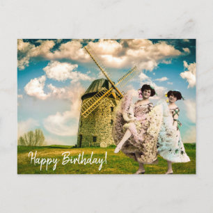 Vintage Dansende Bloemenmeisjes en Molen Verjaarda Briefkaart